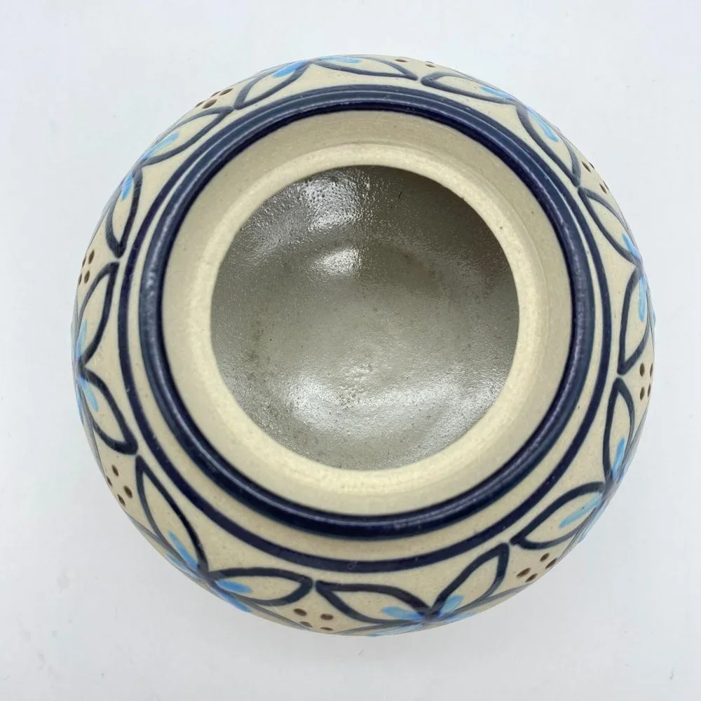Mexican pottery lidded jar bowl blue Floral print Xochimilco hand painted signed